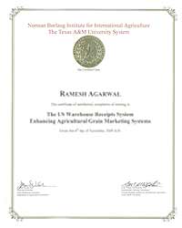 Certificate on the successful completion of US warehouse Receipts System